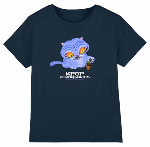 K-Pop Demon Hunters - Cute Derpy Tiger Cartoon Kids T Shirt, Navy, 3-4 Years