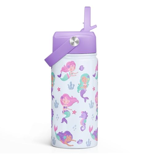 SANDJEST Mermaid Kids Water Bottle With Straw Lid 12oz Insulated Stainless Steel Travel Tumbler Gifts For Girls Birthday Christmas Back To School