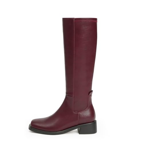 Image of QIY Knee High Boots for Women Low Heel Flat Tall Boots | Stretch Boots, Chunky Heel Womens Boots, Square Toe Heeled Fall Winter Dress Riding Long Boot with Side Zipper