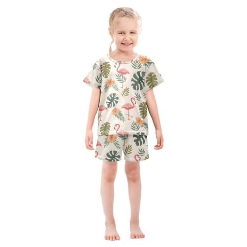ALAZA Tropical Flamingo Hawaiian Palm Leaves Pajamas Short Sleeve 2 Piece Sleepwear Top and Bottom Pajama Set Unisex3