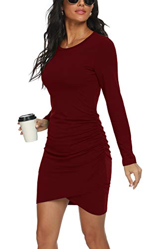 GRECERELLE Women's Casual Fashion Ruched Elegant Bodycon Party Dresses Long Sleeve Wrap Front Irregular Hem Mini Short Dress Wine Red-Medium