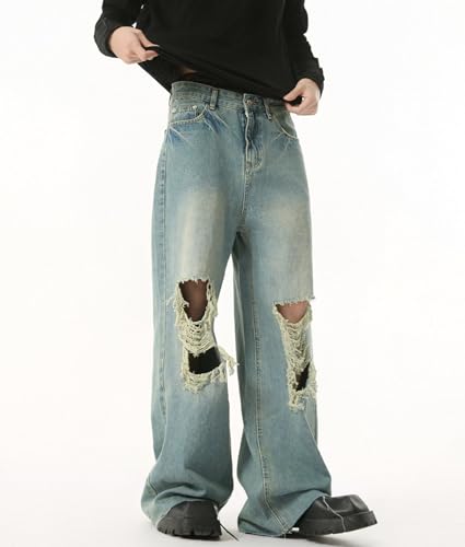 Men's Mid-Rise Jeans Vintage Ripped Raw Edge Loose Fit Wide Leg Straight Casual Denim Pants with Pockets2