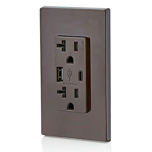 Image of Leviton Type A & Type-C USB in-Wall Charger with 20A Tamper-Resistant Outlet, USB Charger for Smartphones and Tablets. Not for Laptops, T5833-B, Brown