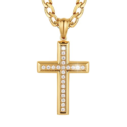 HZMAN 24K Gold-Plated Solid CZ Cross Necklace for Men Women Stainless Steel Religion Jewelry with 24 Inch Figaro Chain