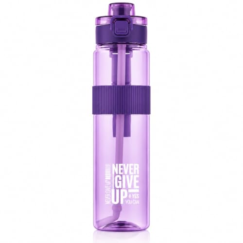 Image of Sports Water Bottle with Straw & Carry Strap | Leakproof BPA-Free Gym Bottle | Flip Lock Lid | MOTIVATIONAL NEVER GIVE UP BOTTLE | Office, School, Gym & Travel (Purple)