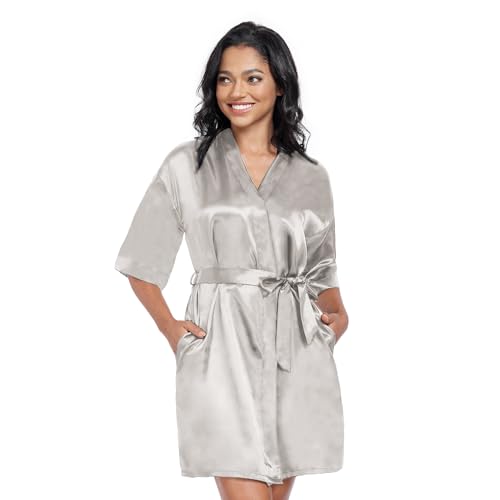 Image of Women's Short Satin Robes Lightweight Silky V-Neck Sleepwear Wedding Bridal Party Bride Bridesmaid Bathrobes