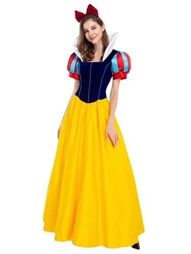 Monissy Déguisement de Princesse Blanche Neige Classique Femme Costume Longue Robe Cosplay Fête Noël Halloween Carnaval Anniversaire Vêtements avec des Accessoires,Jaune,M