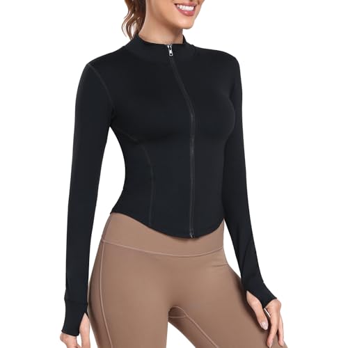 Women's Full Zip Lightweight Running Yoga Slim Fit Cropped Bbl Jacket Workout Sportwear With Thumb Holes3