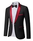 MY'S Men's Casual Slim Fit Blazer, One Button Shawl Lapel Lightweight Suit Jacket for Dinner Wedding Party Maroon Collar Black