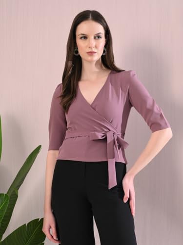 Image of Elegant Wrap Blouse for Women - Deep Neck Knot Design, Slim Fit Crop Style, Classy & Trendy Chic Fashionable Outfit for Casual