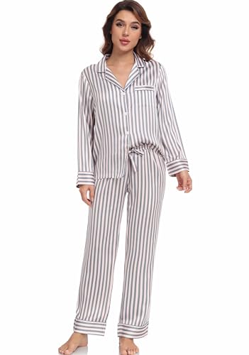 Image of Serenedelicacy Women's Satin Pajama Set Long Sleeve Button Down Sleepwear 2-Piece Silky Pj Set