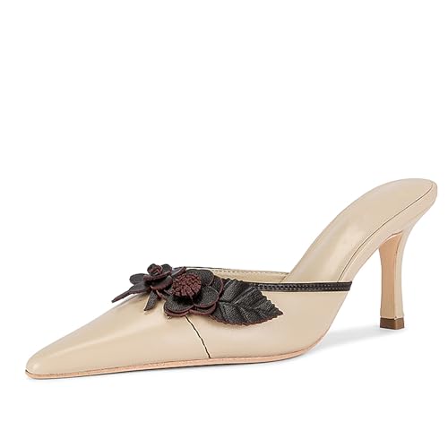 Woman's Pointed Closed Toe Heeled Sandals Leather Floral Slip On Mules Heels Elegant Wedding Party Dress Pumps Shoes