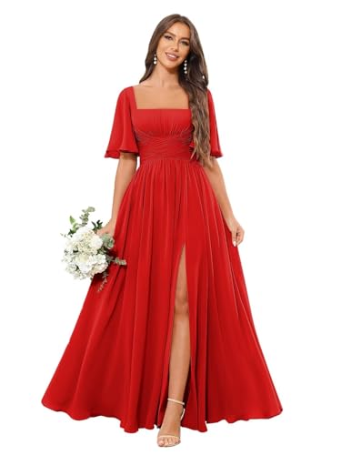 Square Neck Bridesmaid Dresses with Slit Chiffon Flutter Sleeve Long Formal Wedding Guest Dress with Pockets