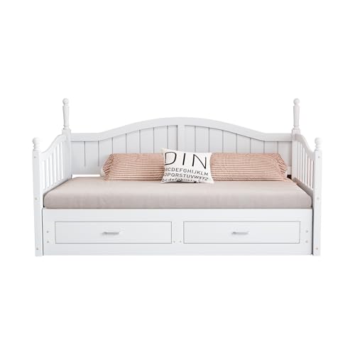 MAMAINI Sofá cama extensible de madera maciza, 90/180 x 190 cm, columnas romanas, respaldo curvado, reposabrazos, cajones, somier, cama multifunción de madera de pino, color blanco