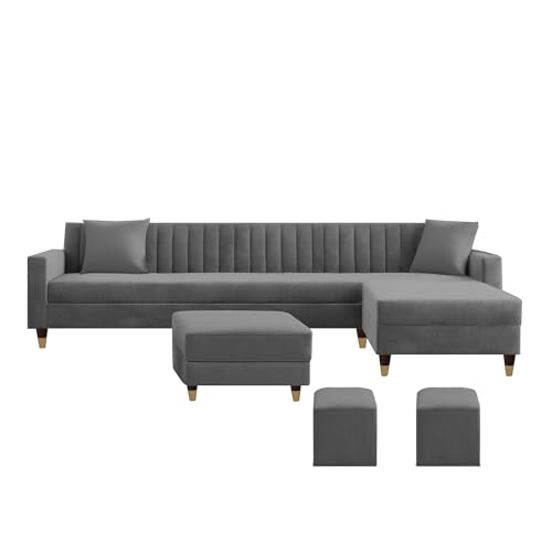 Image of Casaliving Garcia RHS 8 Seater L Shape Sofa Set with Ottoman & 2 Puffy for Living Room (Dark Grey) Premium Fabric Sofa Set