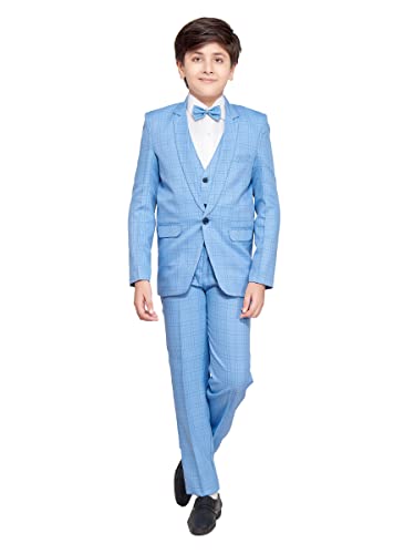 Image of Boys Blue Checked Coat Suit Set with Waistcoat Shirt and Trousers (9095B)
