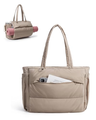 bagsmart Handtasche Damen Sporttasche Yogatasche 22L Puffer Tote Bag mit Mehreren Taschen Leichte Tasche für Reisen Fitness Yoga Büro Schule Shopping Kamel