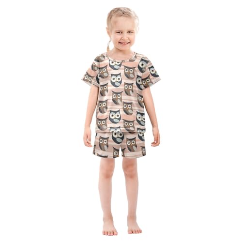 ALAZA Owl Bird Striped Pajamas Set Short Sleeve Cotton Sleepwear Summer Pjs 2 Piece 5-14Y3