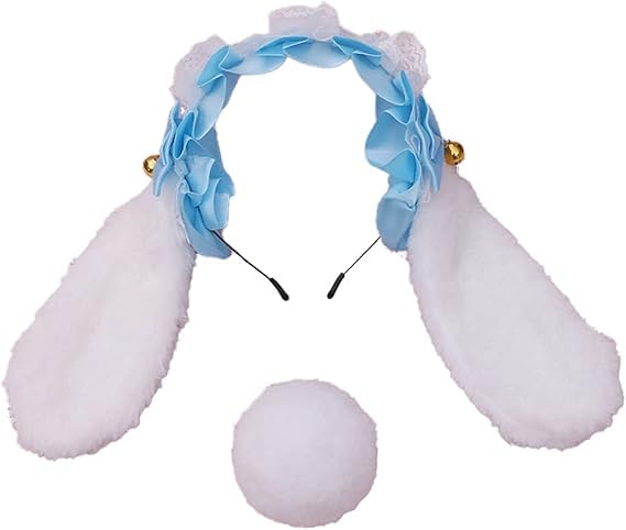 Cosplay Plush Furry Bunny Ears Headwear Accessory - Rabbit Headband for Young Ones(White), White blue
