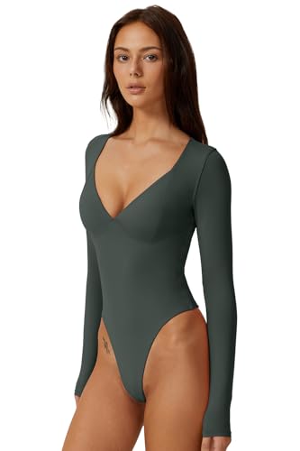 Image of QINSEN Women's Long Sleeve Bodysuit V Neck Body Suits Seamed Cup Going Out Tops Shirt