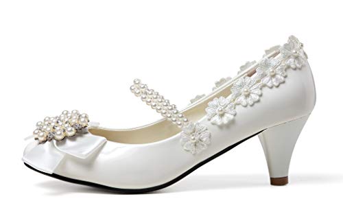 getmorebeauty Women's Pearls Lace Weave Flower Kitten Heel Wedding Shoes - Image 3