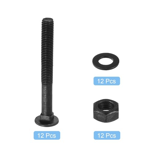 Image of uxcell M10 x 85mm Carriage Bolt Kit, 12 Set Round Head Square Neck Screws, Carriage Bolts Screws Set Includes Washers and Nuts - Carbon Steel Black Oxide for Fastening Accessories