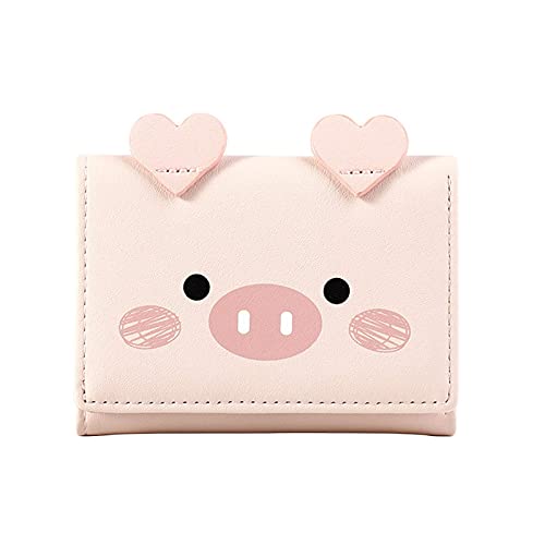 Women Girls Wallet Cute Pig Pattern Tri-Fold Wallet PU Leather Purse Slim Small Wallet Cartoon Trifold Card Holder Bag (Pink)