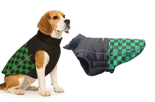 Image of The Pets Company Dog Winter Coat Jacket, Clothes, Windproof, Waterproof, Light Weight, Washable, Ultra Warm Thick Fleece Lined Dog Vest for Cold Weather Protection, (Green Check, Medium - 20 Inch)