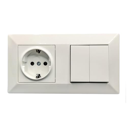 Jandei   Enchufe Schuko 2P+T 16A y Doble Interruptor Conmutador, 230V, Decoración Elegante Pared Interior, Fácil de Instalar, Incluye Marco y Mecanismo, Policarbonato Color Blanco