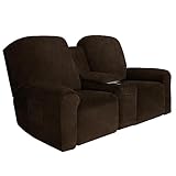 Easy-Going Velvet Reclining Loveseat with Middle Console Slipcover, Stretch 8-Piece Loveseat Reclining Sofa Covers, 2 Seat Loveseat Recliner Slipcover, Thick, Soft, Washable, Brown