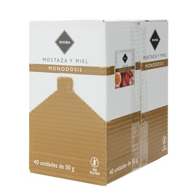 Mostaza y Miel Rioba en Monodosis - Caja de 40 Unidades de 50 g, Sin Gluten, Ideal para Restaurantes y Eventos