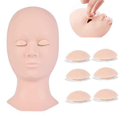 Mannequin Head with Removable Eyelids Eyelashes Extension Supplies with 4 Pairs Replaced Eyelids Makeup Rubber Silicone Training Mannequin Head Lash for Practice Eyelash Extensions (light pink)