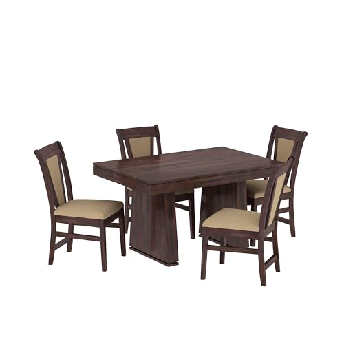Image of Solid Wood 4 Seater Dining Table | Sheesham Wood Four Seater Dining Table with Cushion Chairs | Wooden Furniture Dinner Table | Walnut Finish