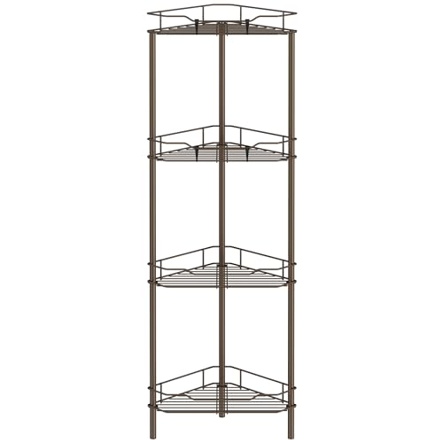 Image of HuggieGems 4 Tier Floor Standing Corner Shower Caddy Organizer Shelf with Hooks, Bathroom Shelves Stand Rack, Bronze