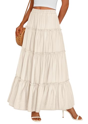 PRETTYGARDEN Boho Maxi Skirts for Women Trendy Summer 2026 Spring Long Flowy A Line Tiered Skirt Beach Vacation Clothes Dress (Beige Medium)