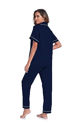 Image of COLORFULLEAF Women's 100% Cotton Pajamas Set Button Down Sleepwear Short Sleeve Shirt and Long Pants Soft Ladies Lounge Sets