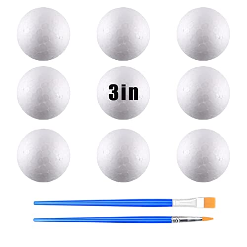 hesmartly 9 Pack 3 Inch Craft Foam Balls White Polystyrene Smooth Round Balls and 2 Pieces Painting Brushes for DIY Projects Arts and Crafts Supplies