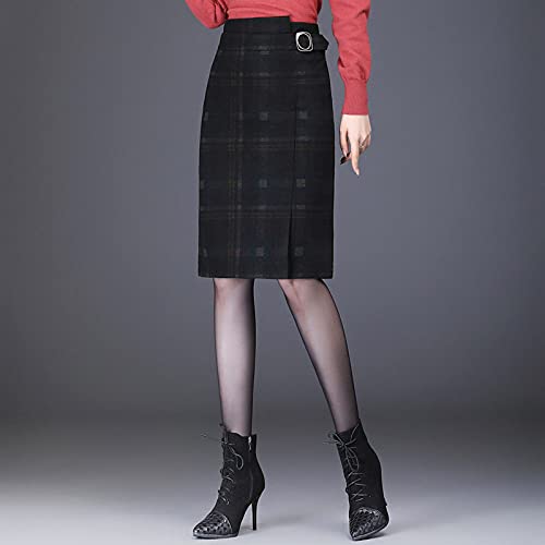 Wollrock Mit Hoher Taille - Elegante High Waist Frauen Plaid Bodycon Split Gabel Rock, Lady Herbst Winter Slim Casual Mid-Long Mit Reißverschluss Bleistift Röcke, Geeignet Für Den Alltag, Plaid, Xl Cover