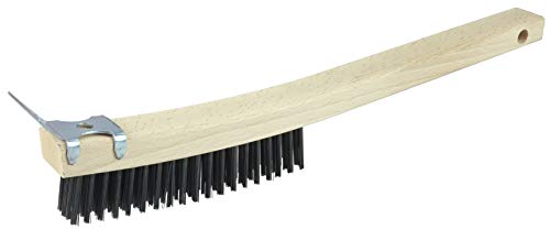 Image of Weiler 44058 0.012 inch Wire Size, 6 inch Brush Length, 14 inch X 1-1 /8 inch Block Size, 4 X 18 No. Of Rows, Steel Bristles, Hardwood Block, Curved Handle Scratch Brush With Scraper, Made in the USA