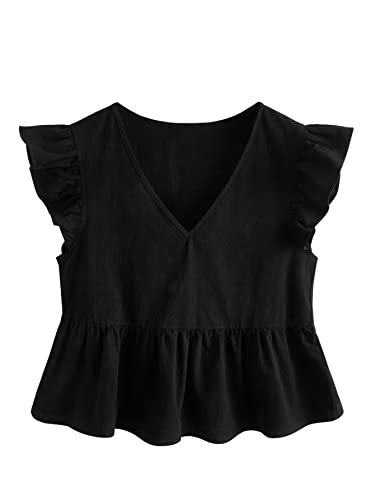 SweatyRocks Women's Cap Butterfly Sleeve V Neck Ruffle Hem Crop Blouse Summer Peplum Top
