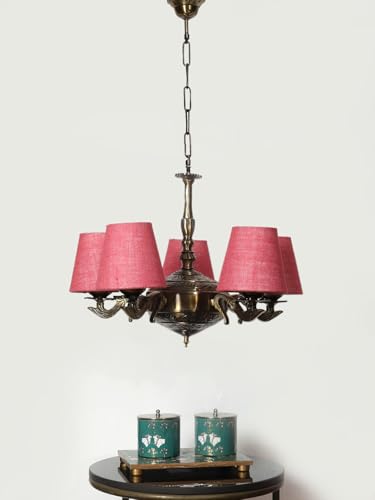 Image of Devansh 05 Lights Pink Jute conical Shade with Antique Golden Chandelier