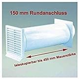 IKM -Abluft & Mauerkasten mit Rückstauklappe -Farbe: Weiß mit Rundanschluss 150 mm Durchmesser Maße Aussengitter 225 x 225 mm für Mauerstärke von 120 - 450 mm Ablufttechnik Rundrohr -Teleskopierbar
