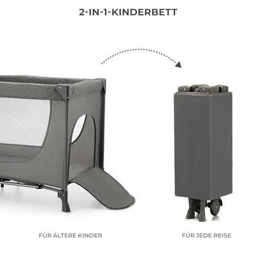 Kinderkraft Joy 2 Kinderbett, 2 in 1 Kinderreisebett, Babybetten, Kinderbett, Reisebett, Modernes Design, Kleine Abmessungen nach Zusammenklappe, Räder, Dunkelgrau
