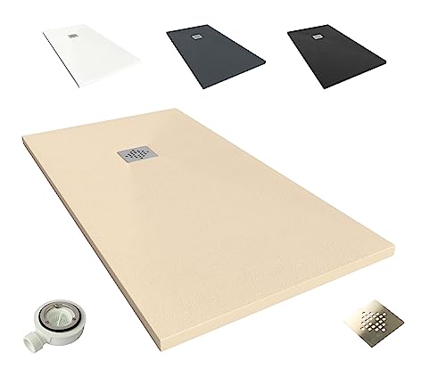 NEBADOON | Plato de Ducha de Modelo Roma II – Plato Ducha Resina con Textura Pizarra - Antideslizante y Antibacteriano – Crema (RAL 1015) 80x130 cm – Incluye Válvula Desagüe y Rejilla