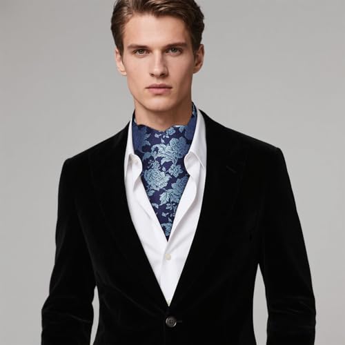 Image of Hi-Tie Silk Ascot for Men Self Tie Men's Cravat and Flower Lapel Pin Handkerchief Cufflinks Set for Wedding Party
