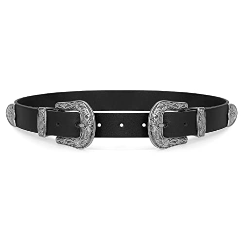WHIPPY Vintage Western Leather Belt for Women Double Buckle Retro Cowgirl Waist Belts for Jeans Pants Dresses Black Silver, M