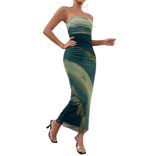 LIGHT DOT Women's Summer Maxi Dress Tie Dye Strapless Tube Bodycon Side Slit Mesh Layered