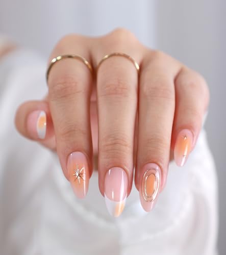 Press on Metallic Nails Star Celestial- GJZEZ Soft Gel Medium Almond 3D Gold Bohemian Fake Nails, Fits Natural & Comfortable Swirl Blush Nail |16 Sizes - 32 Reusable Nail Kit with Glue, Starry Aura