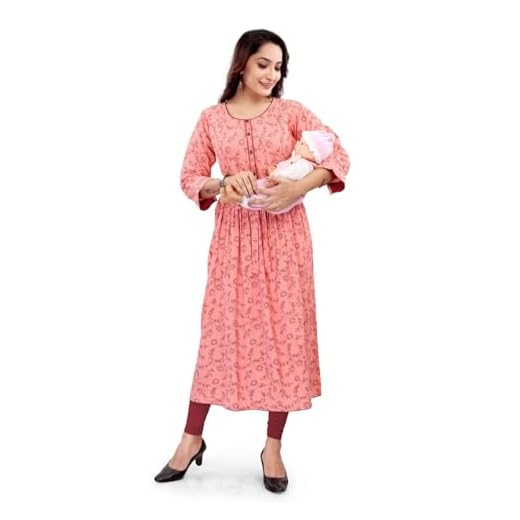 OFF WHITE Maternity Feeding Kurti Cotton Rayon Slub A-Line Flaired for Women with Zippers | Maternity Dress for Pre and Post Pregnancy Orange
