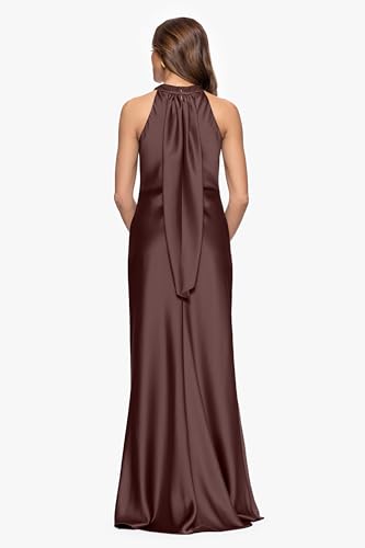 Image of Xscape Women's Satin Halter Tie Neck Floor Length Dress, Chocolate, 4